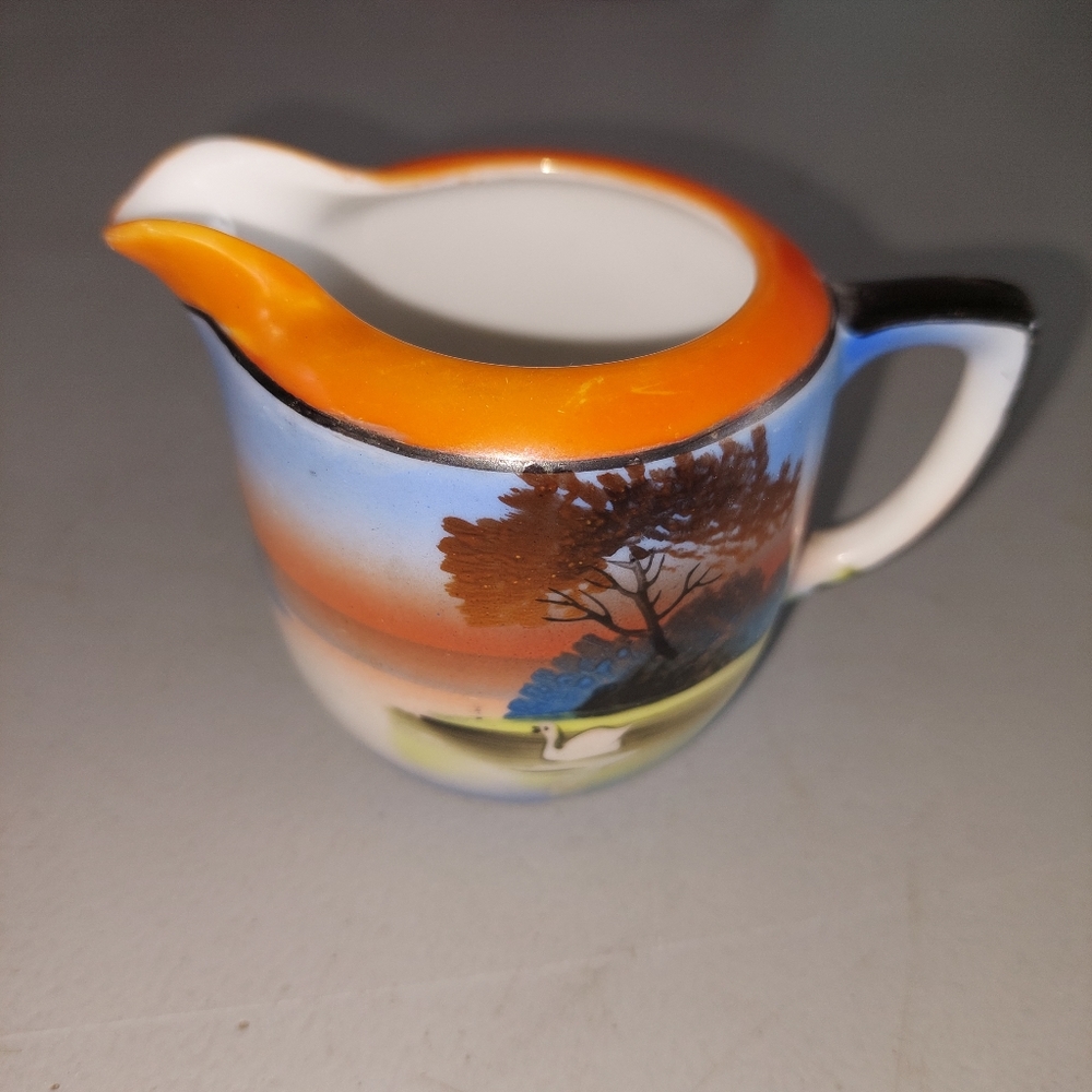 VTG Noritake Lusterware Creamer Swan Lake Tree Orange Black Blue 2.25 inch